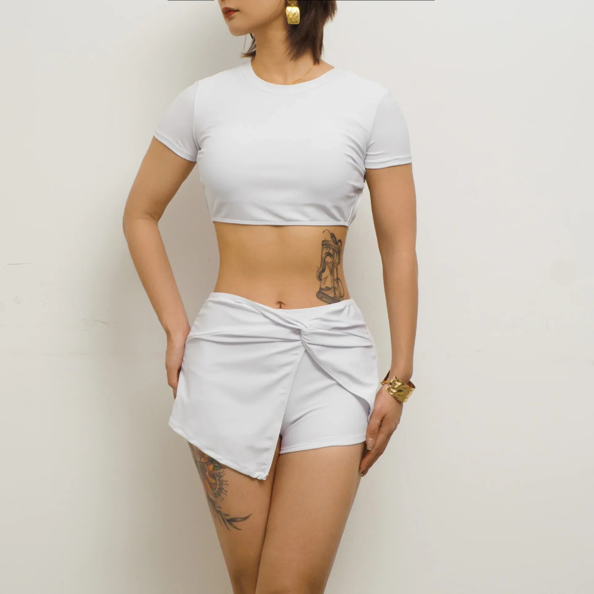 Solid Color 2 Piece Swimsuit Short Sleeve Top Bikini Set