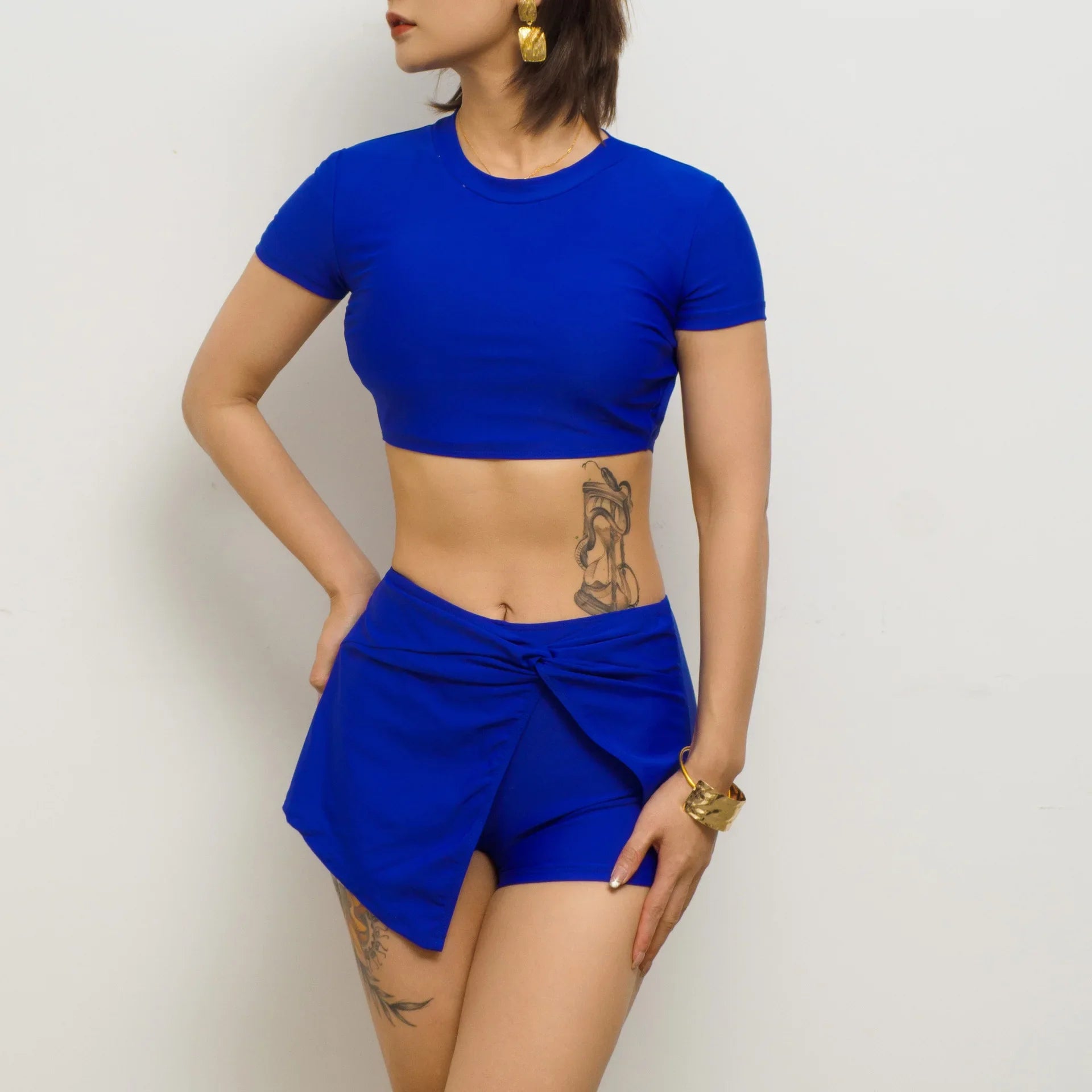 Solid Color 2 Piece Swimsuit Short Sleeve Top Bikini Set
