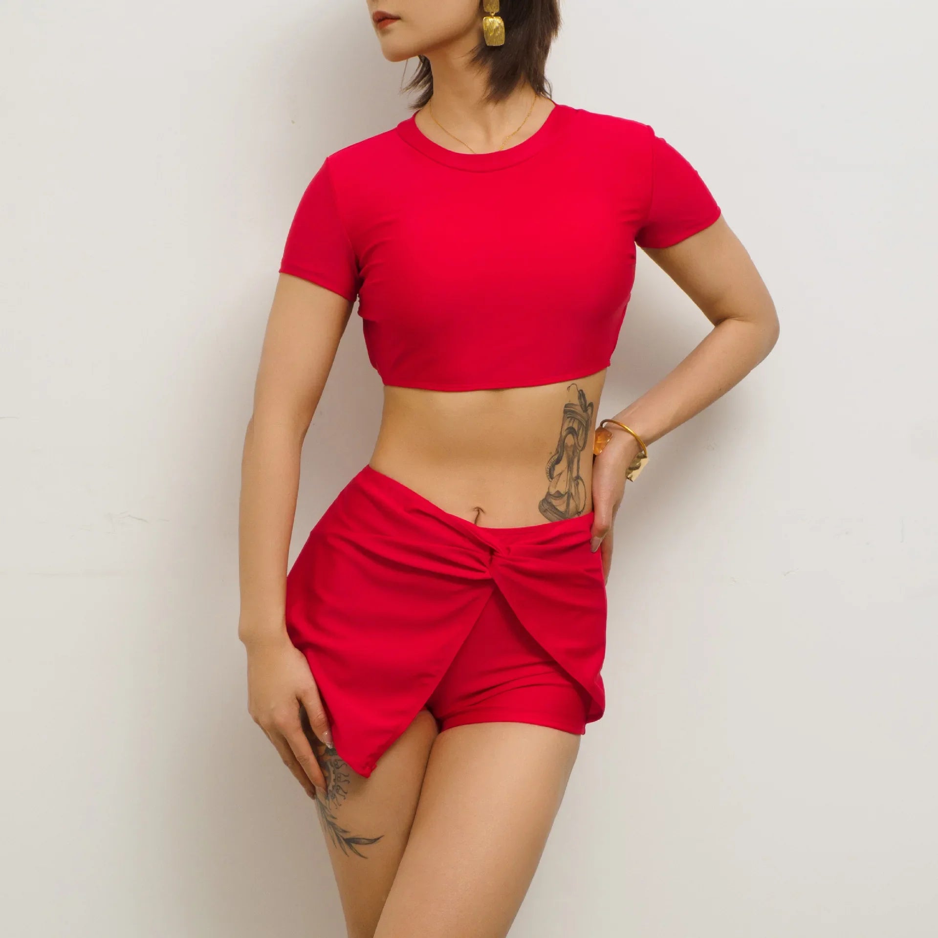 Solid Color 2 Piece Swimsuit Short Sleeve Top Bikini Set