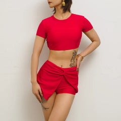 Solid Color 2 Piece Swimsuit Short Sleeve Top Bikini Set