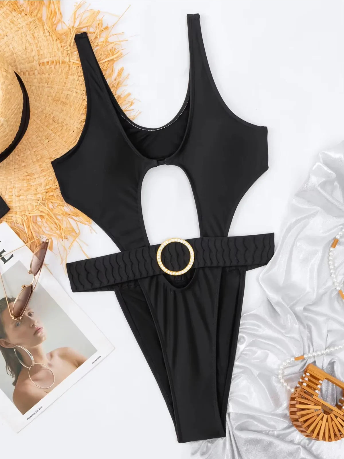 Solid Color Black High Waist One Piece Swimsuit