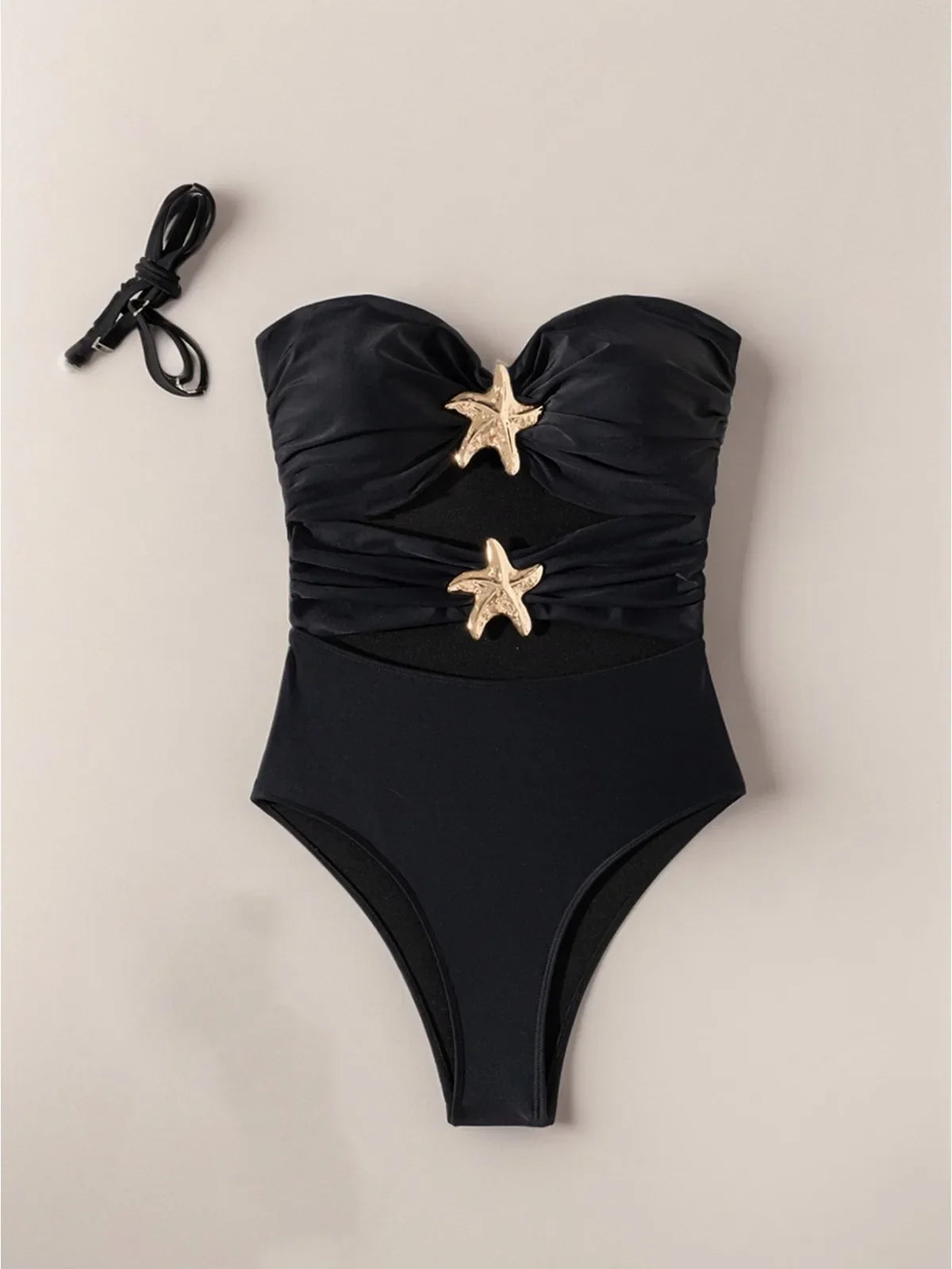Solid Color Black One Piece Swimsuit