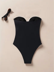 Solid Color Black One Piece Swimsuit