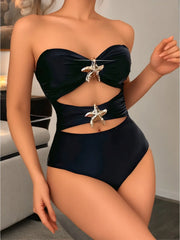 Solid Color Black One Piece Swimsuit
