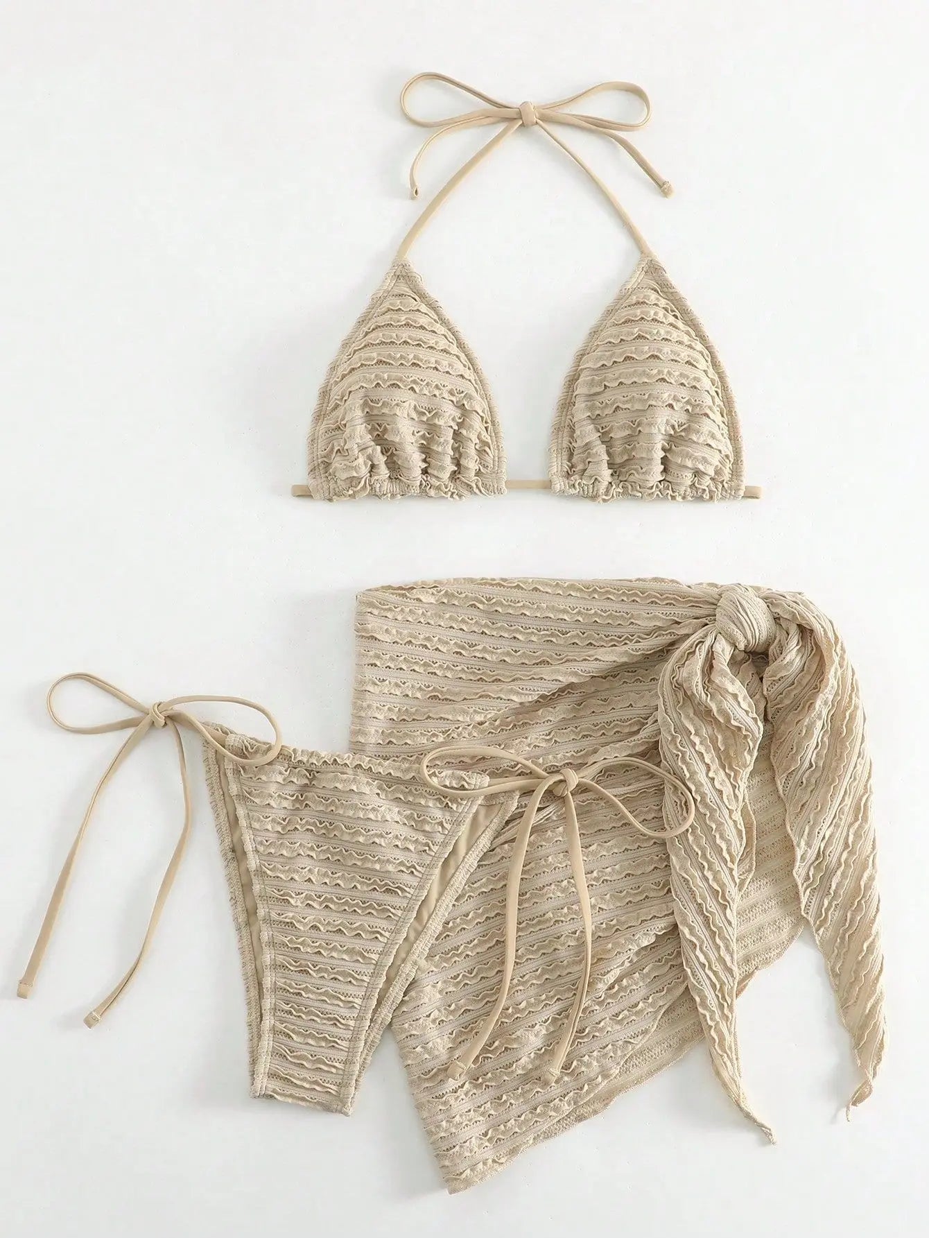 Solid Color Khaki 3-piece Swimsuit