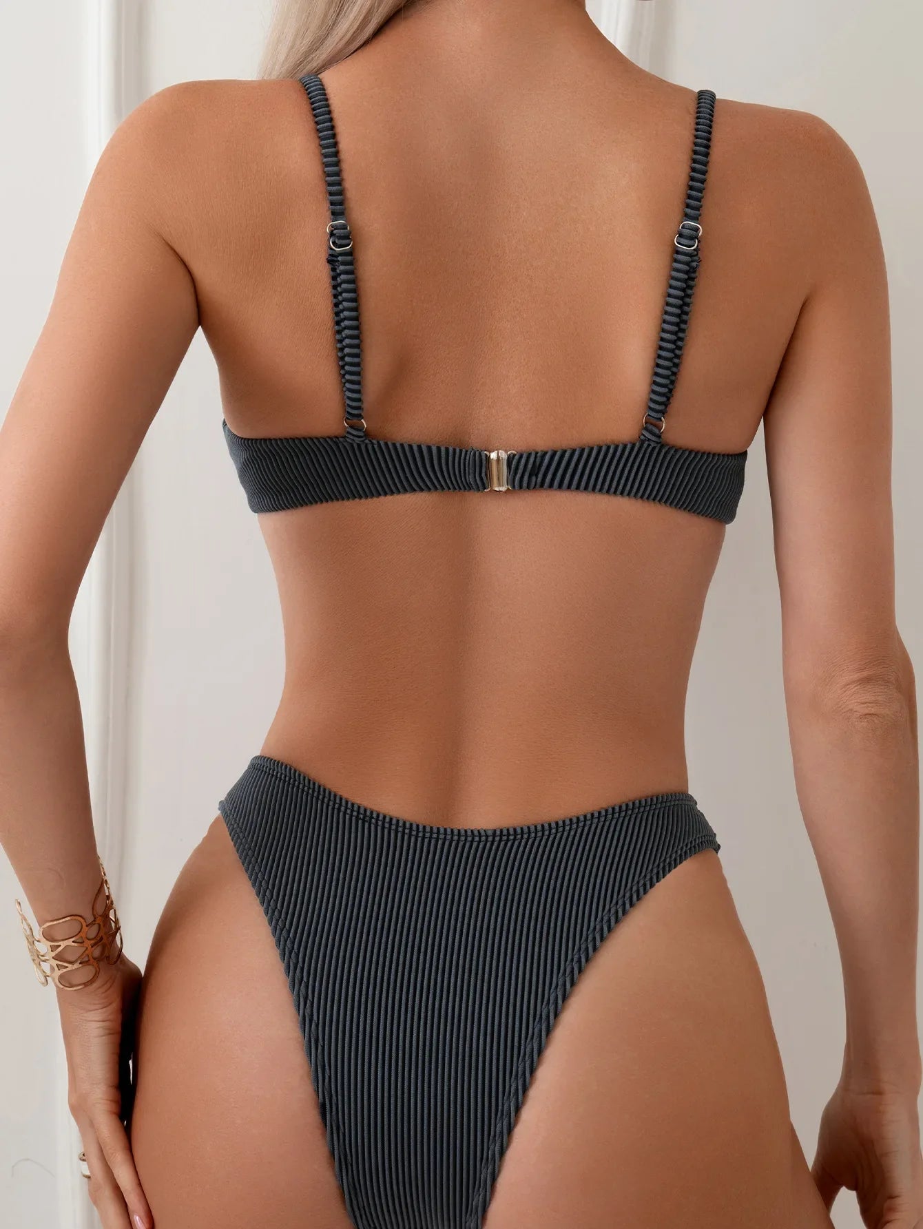 Solid Color Pit Strip Bikini Set