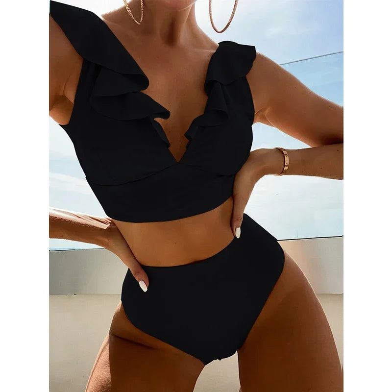 Solid Color V-neck Ruffle Bikini 2 Piece Swimwear Push Up Padded High Waist Swimsuit Beach Bathing Suit