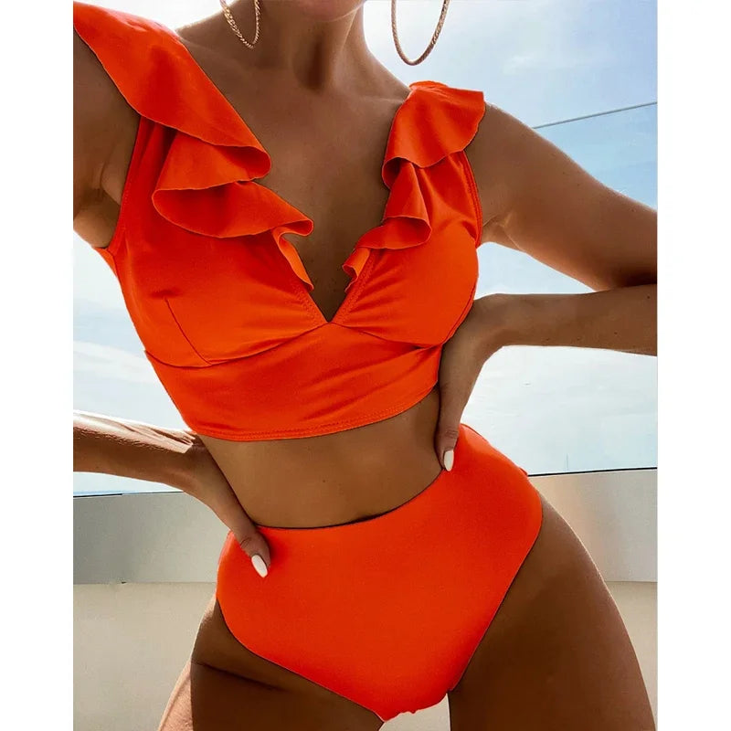 Solid Color V-neck Ruffle Bikini 2 Piece Swimwear Push Up Padded High Waist Swimsuit Beach Bathing Suit