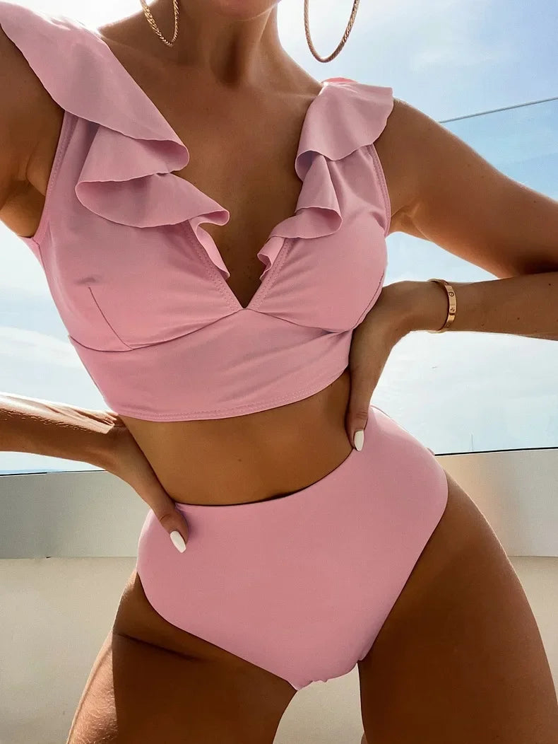 Solid Color V-neck Ruffle Bikini 2 Piece Swimwear Push Up Padded High Waist Swimsuit Beach Bathing Suit