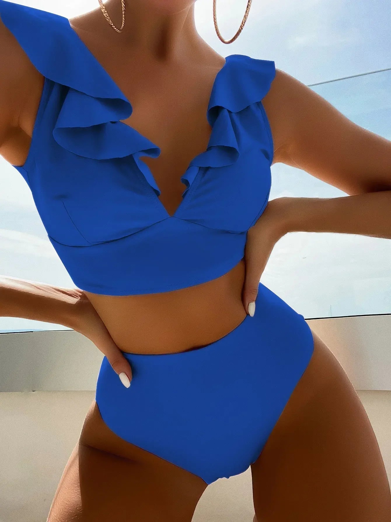 Solid Color V-neck Ruffle Bikini 2 Piece Swimwear Push Up Padded High Waist Swimsuit Beach Bathing Suit