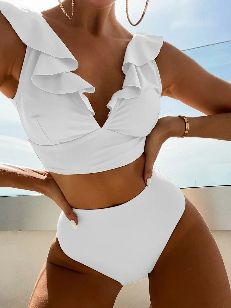 Solid Color V-neck Ruffle Bikini 2 Piece Swimwear Push Up Padded High Waist Swimsuit Beach Bathing Suit