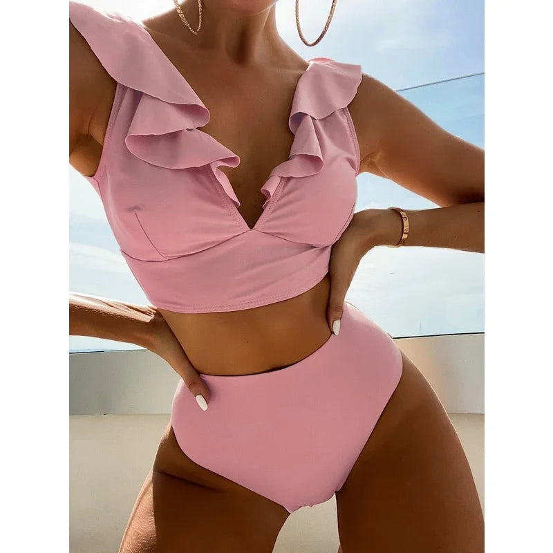 Solid Color V-neck Ruffle Bikini 2 Piece Swimwear Push Up Padded High Waist Swimsuit Beach Bathing Suit