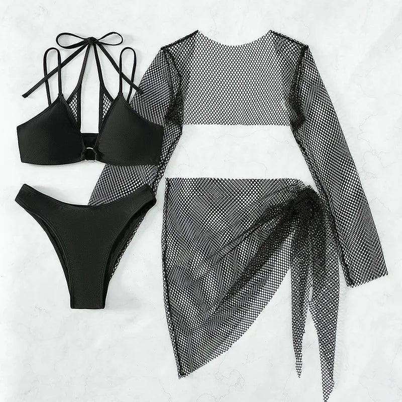 Solid Color Swimsuit Black Long Sleeve Mesh 4 Piece Bikini High Waist V-neck Brazilian Bathing Suit Swimwear OLDL025