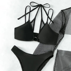 Solid Color Swimsuit Black Long Sleeve Mesh 4 Piece Bikini High Waist V-neck Brazilian Bathing Suit Swimwear OLDL025