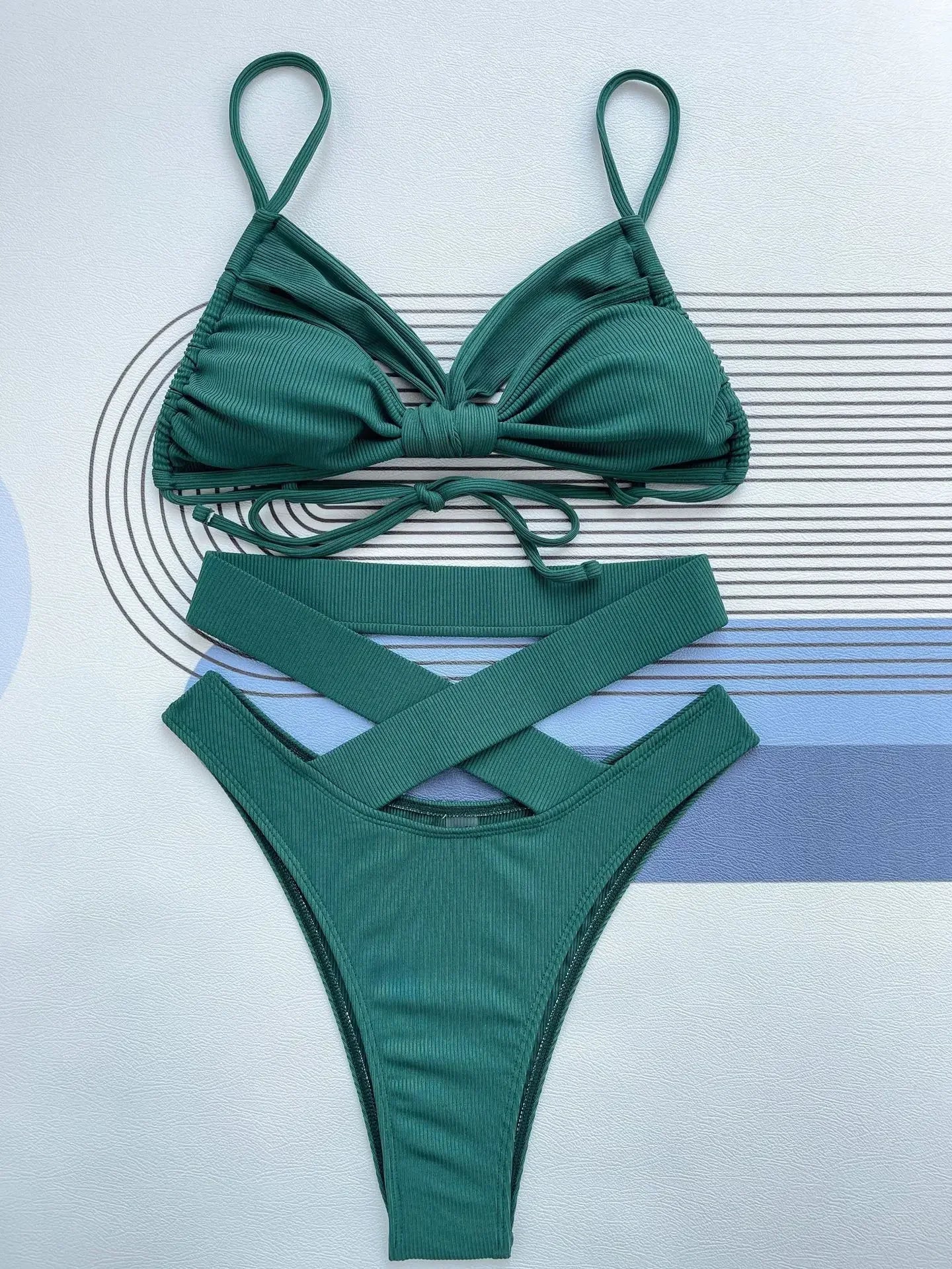 Solid Color Swimsuit High Waist 2 Piece Bikini Hollow Out V-neck Suspender Backless Bathing Suit Swimwear Summer