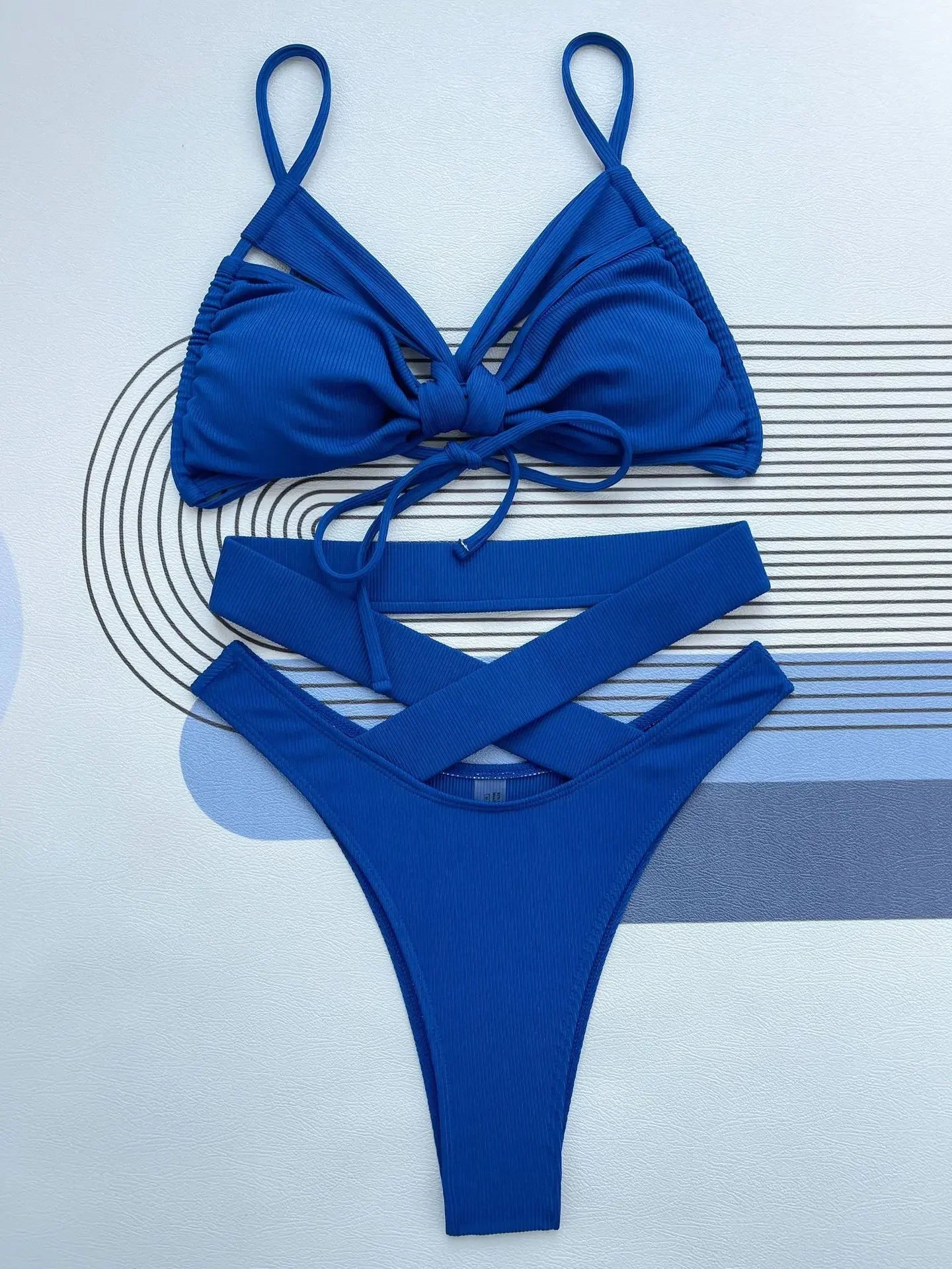 Solid Color Swimsuit High Waist 2 Piece Bikini Hollow Out V-neck Suspender Backless Bathing Suit Swimwear Summer
