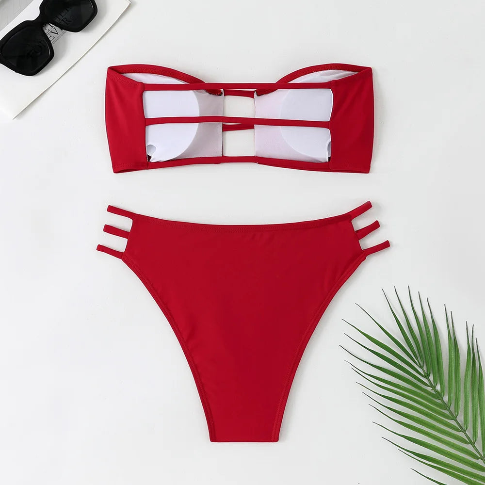 Bandeau Bikini Hollow Out Backless Bandage High Waist Swimsuit Brazilian Bathing Suit Two Piece Swimwear