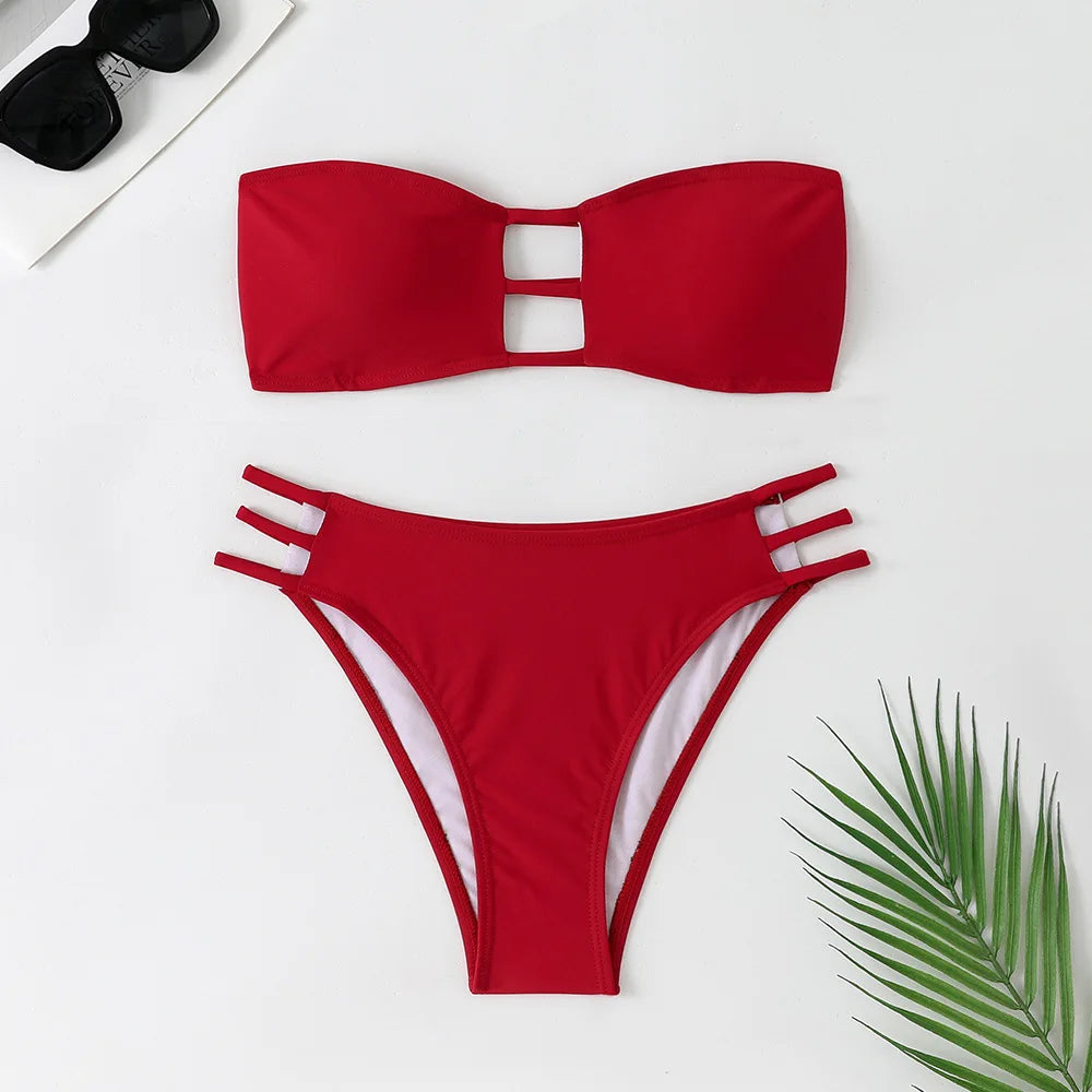 Bandeau Bikini Hollow Out Backless Bandage High Waist Swimsuit Brazilian Bathing Suit Two Piece Swimwear