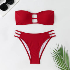 Bandeau Bikini Hollow Out Backless Bandage High Waist Swimsuit Brazilian Bathing Suit Two Piece Swimwear