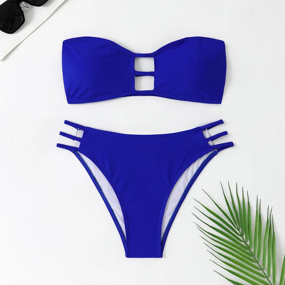 Bandeau Bikini Hollow Out Backless Bandage High Waist Swimsuit Brazilian Bathing Suit Two Piece Swimwear