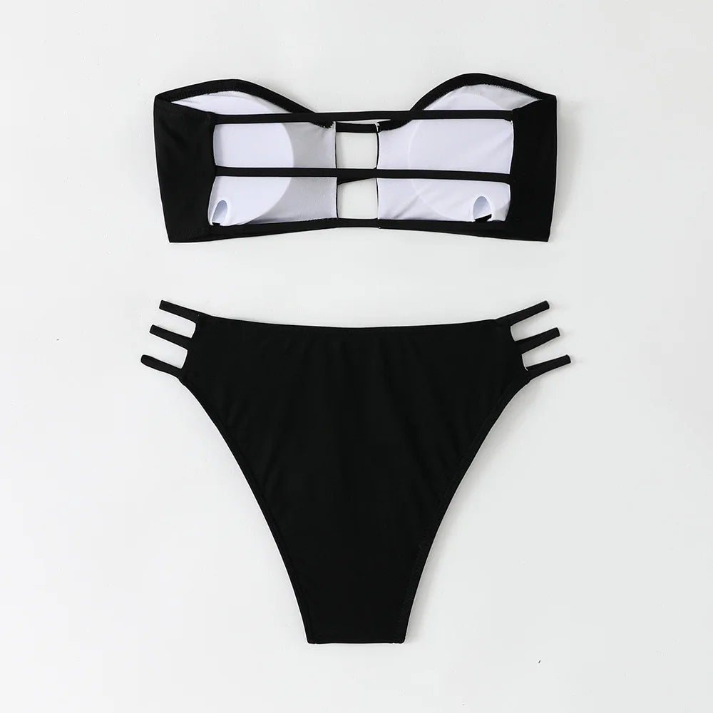 Bandeau Bikini Hollow Out Backless Bandage High Waist Swimsuit Brazilian Bathing Suit Two Piece Swimwear