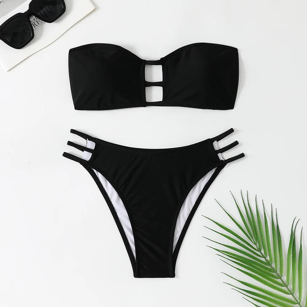 Bandeau Bikini Hollow Out Backless Bandage High Waist Swimsuit Brazilian Bathing Suit Two Piece Swimwear