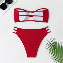 Bandeau Bikini Hollow Out Backless Bandage High Waist Swimsuit Brazilian Bathing Suit Two Piece Swimwear