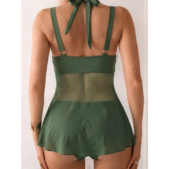 Green Two Piece Swimsuit Halter Cross Padded Mesh Tank Top High Waist Bikini Set
