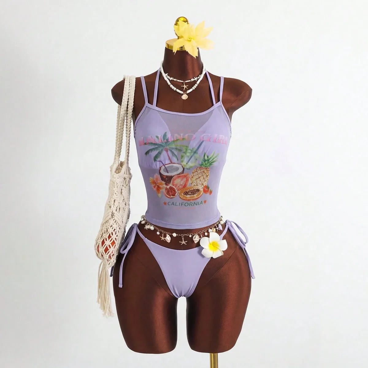 Holiday 3D Flower Thong Bikini White Fruit Print Cover Up 3 Piece Swimsuit Beach Push Up Bathing Suit Swimwear