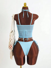 Holiday 3D Flower Thong Bikini White Fruit Print Cover Up 3 Piece Swimsuit Beach Push Up Bathing Suit Swimwear