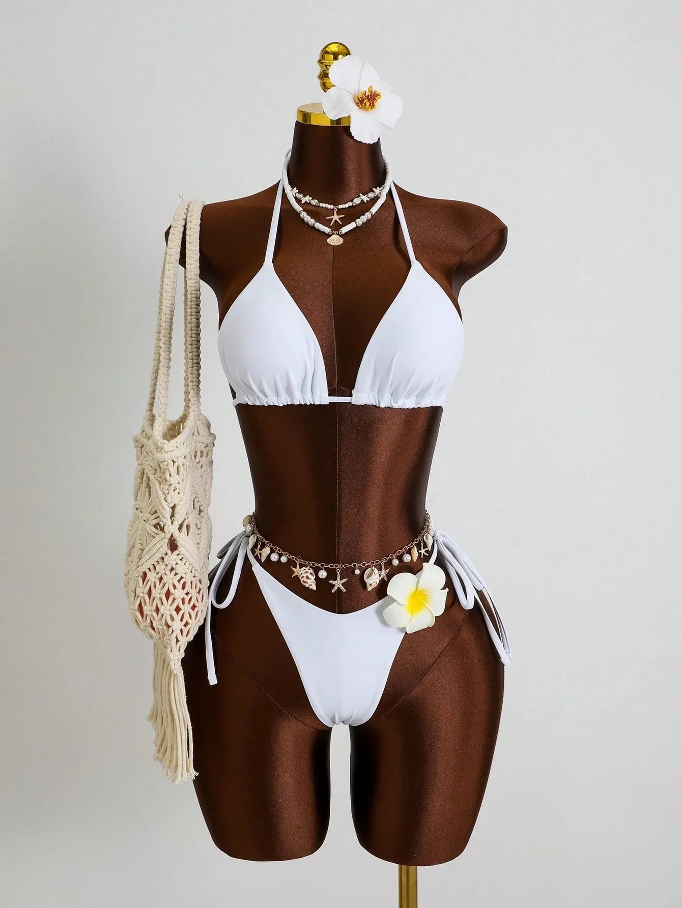 Holiday 3D Flower Thong Bikini White Fruit Print Cover Up 3 Piece Swimsuit Beach Push Up Bathing Suit Swimwear
