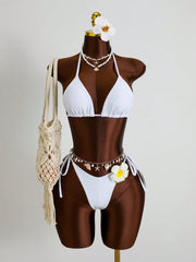 Holiday 3D Flower Thong Bikini White Fruit Print Cover Up 3 Piece Swimsuit Beach Push Up Bathing Suit Swimwear