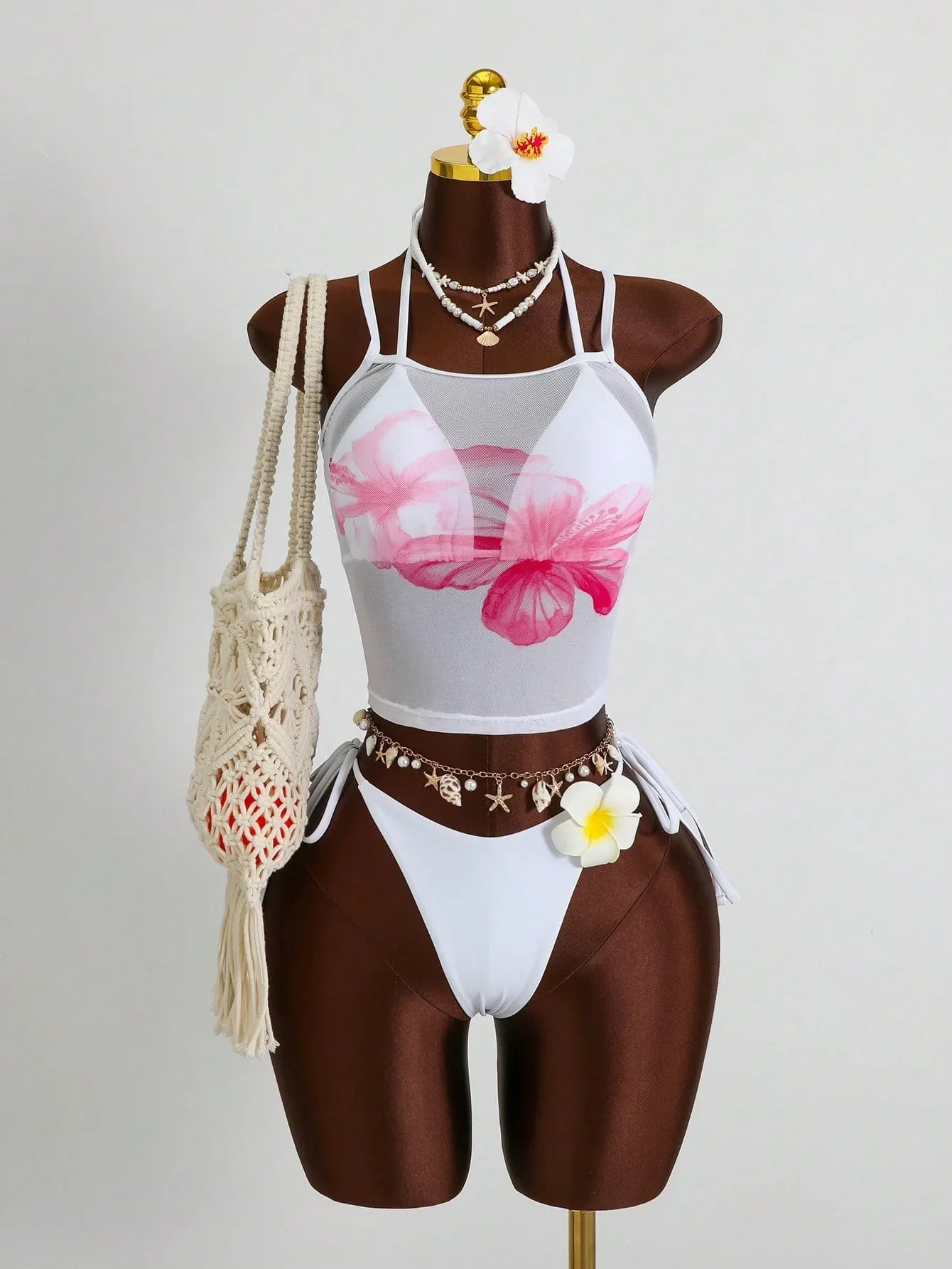 Holiday 3D Flower Thong Bikini White Fruit Print Cover Up 3 Piece Swimsuit Beach Push Up Bathing Suit Swimwear