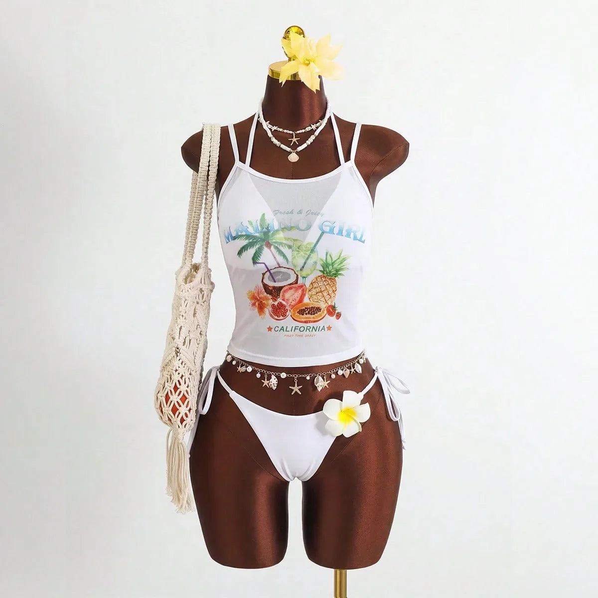 Holiday 3D Flower Thong Bikini White Fruit Print Cover Up 3 Piece Swimsuit Beach Push Up Bathing Suit Swimwear