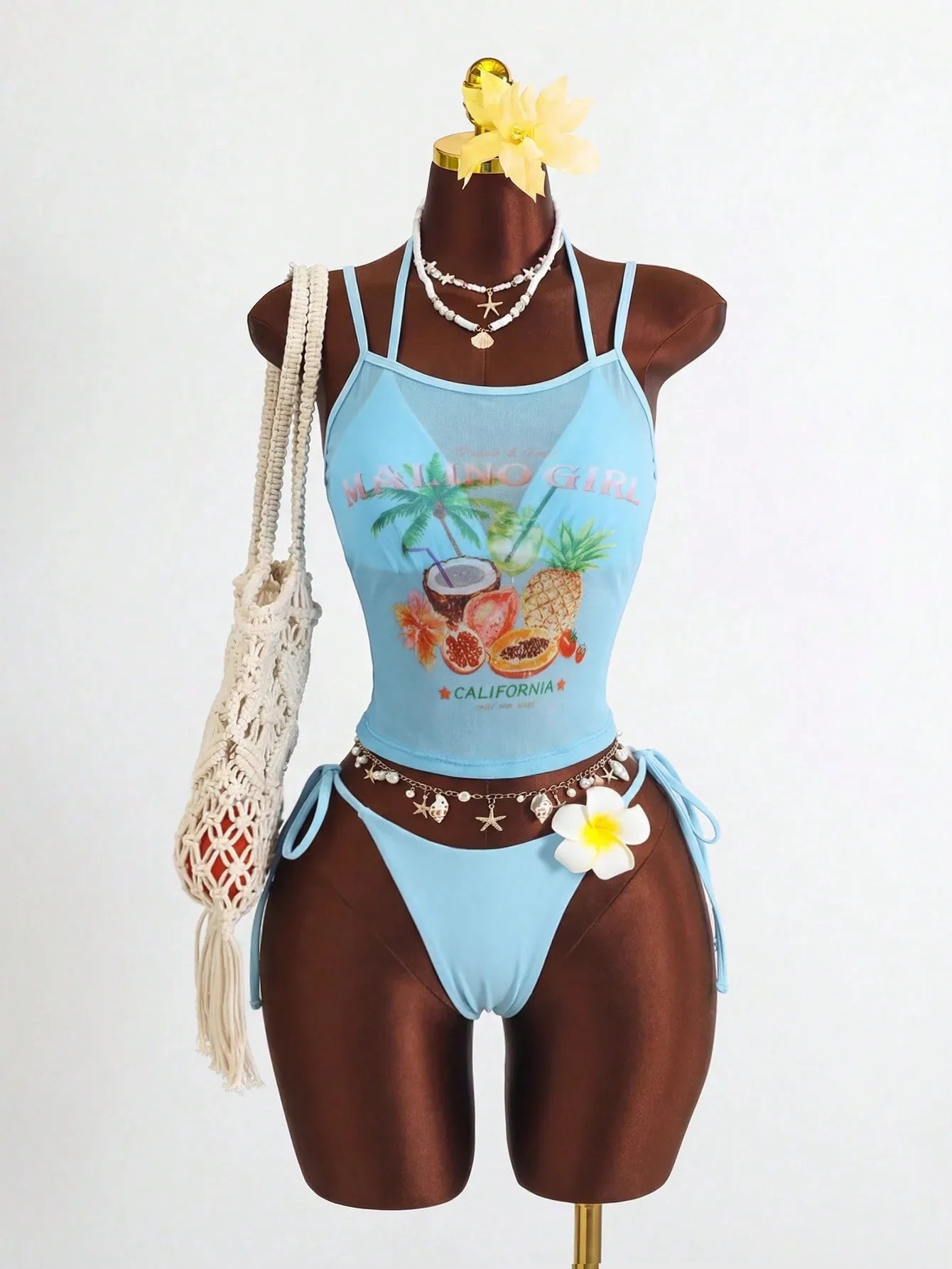 Holiday 3D Flower Thong Bikini White Fruit Print Cover Up 3 Piece Swimsuit Beach Push Up Bathing Suit Swimwear
