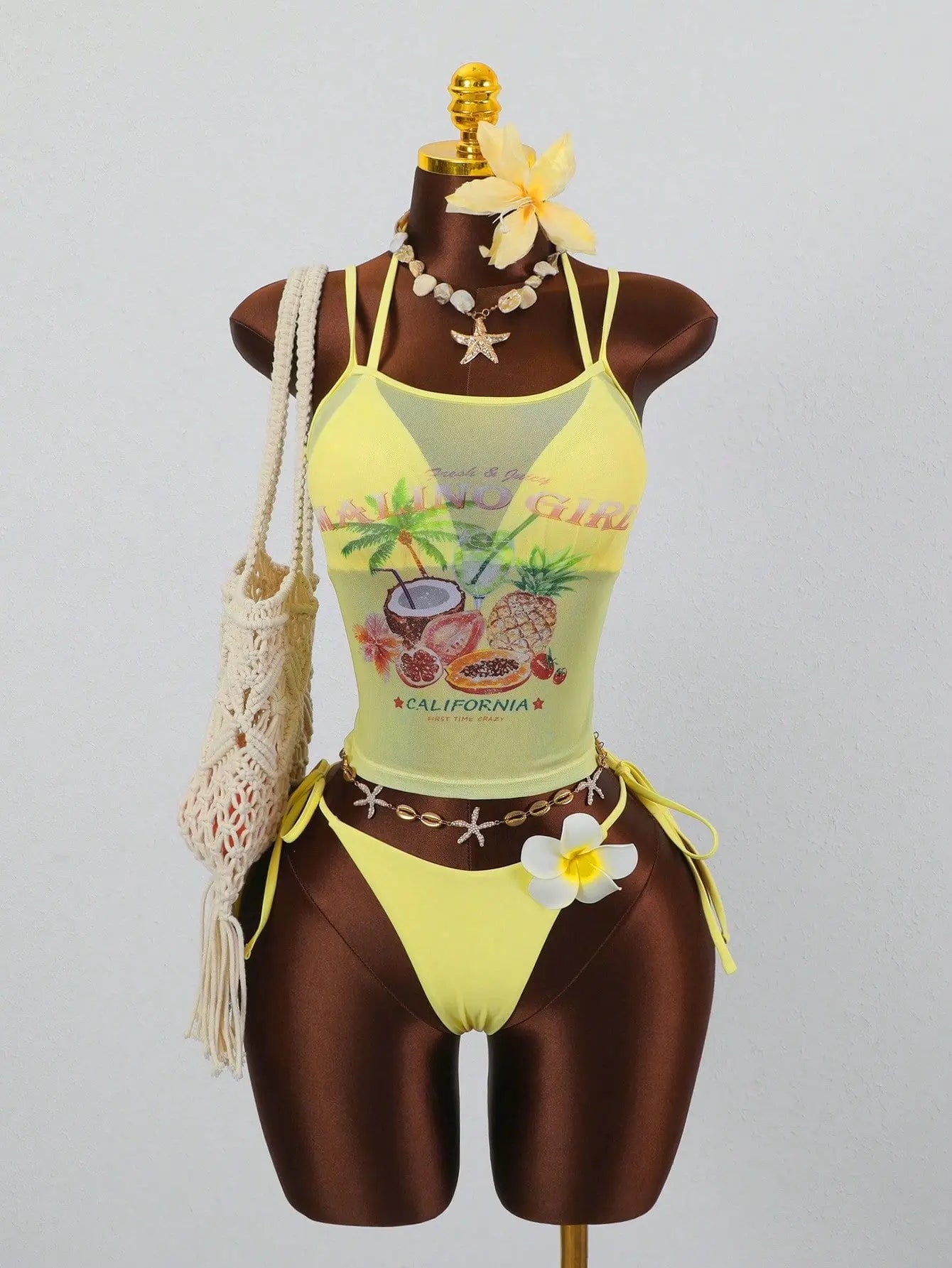 Holiday 3D Flower Thong Bikini White Fruit Print Cover Up 3 Piece Swimsuit Beach Push Up Bathing Suit Swimwear