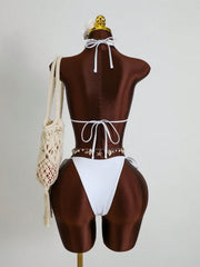 Holiday 3D Flower Thong Bikini White Fruit Print Cover Up 3 Piece Swimsuit Beach Push Up Bathing Suit Swimwear