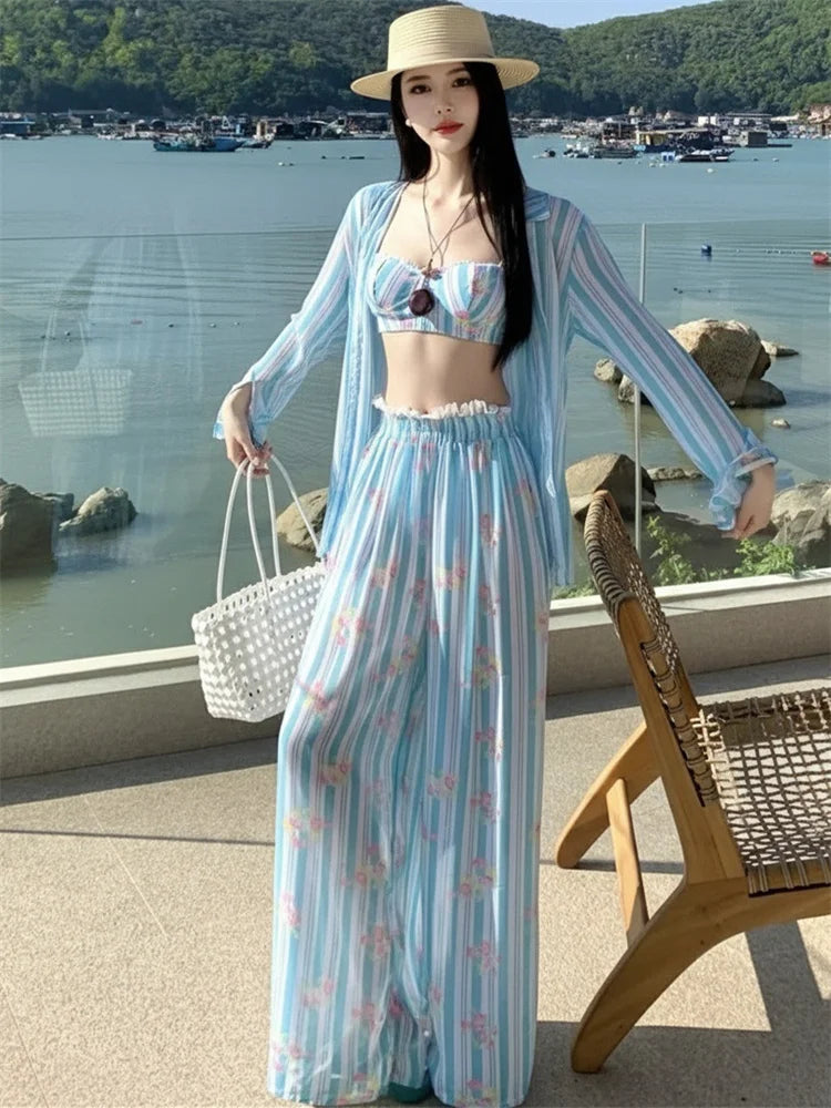 Holiday Swimsuit Blue Striped Long Sleeve Cover Up High Waist Pants 4 Piece Bikini Set
