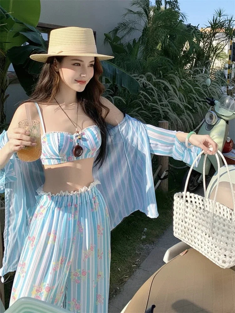 Holiday Swimsuit Blue Striped Long Sleeve Cover Up High Waist Pants 4 Piece Bikini Set