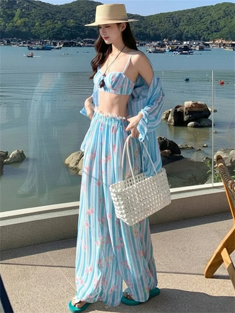 Holiday Swimsuit Blue Striped Long Sleeve Cover Up High Waist Pants 4 Piece Bikini Set