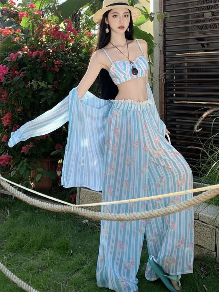 Holiday Swimsuit Blue Striped Long Sleeve Cover Up High Waist Pants 4 Piece Bikini Set