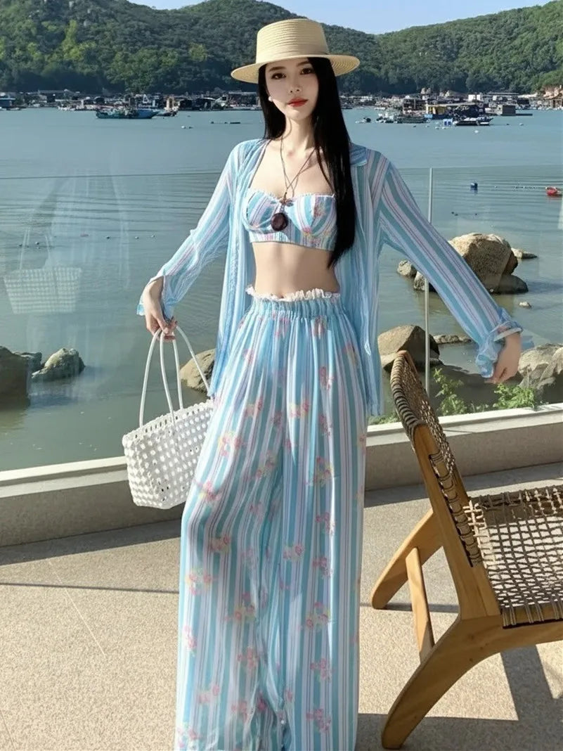 Holiday Swimsuit Blue Striped Long Sleeve Cover Up High Waist Pants 4 Piece Bikini Set