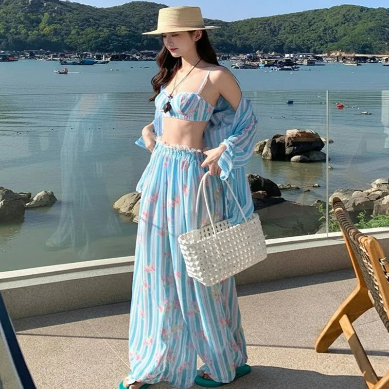 Holiday Swimsuit Blue Striped Long Sleeve Cover Up High Waist Pants 4 Piece Bikini Set