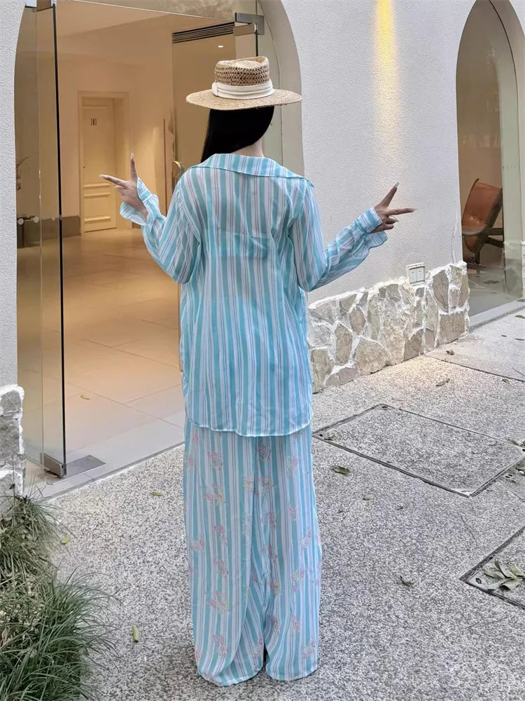 Holiday Swimsuit Blue Striped Long Sleeve Cover Up High Waist Pants 4 Piece Bikini Set