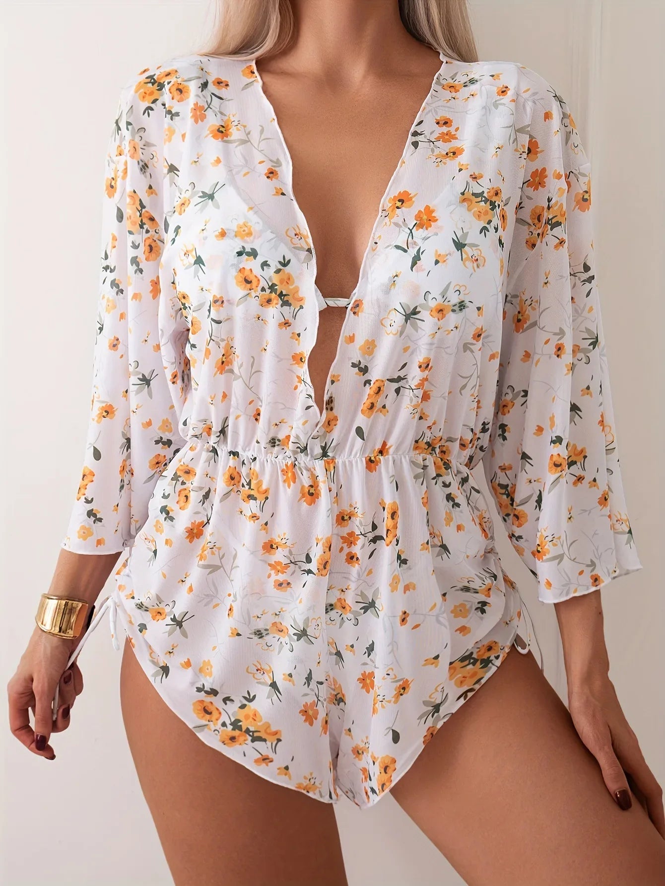 Long Sleeve Cover Up 3 Piece Bikini Set