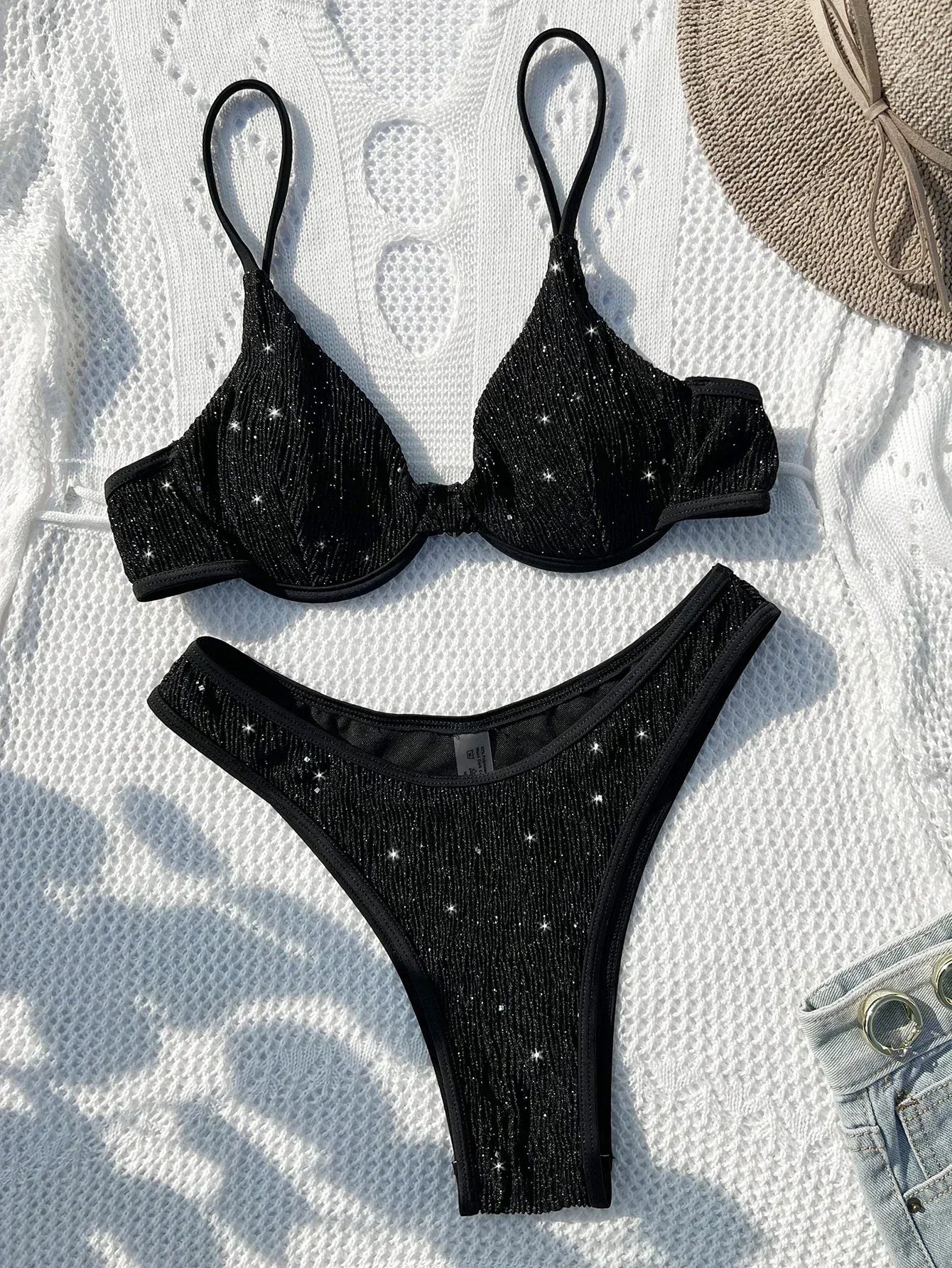 Swimsuit Black Shiny Bikini High Waist 2 Piece Swimwear Steel Support Female V-neck Beach Bathing Suit YX1378X