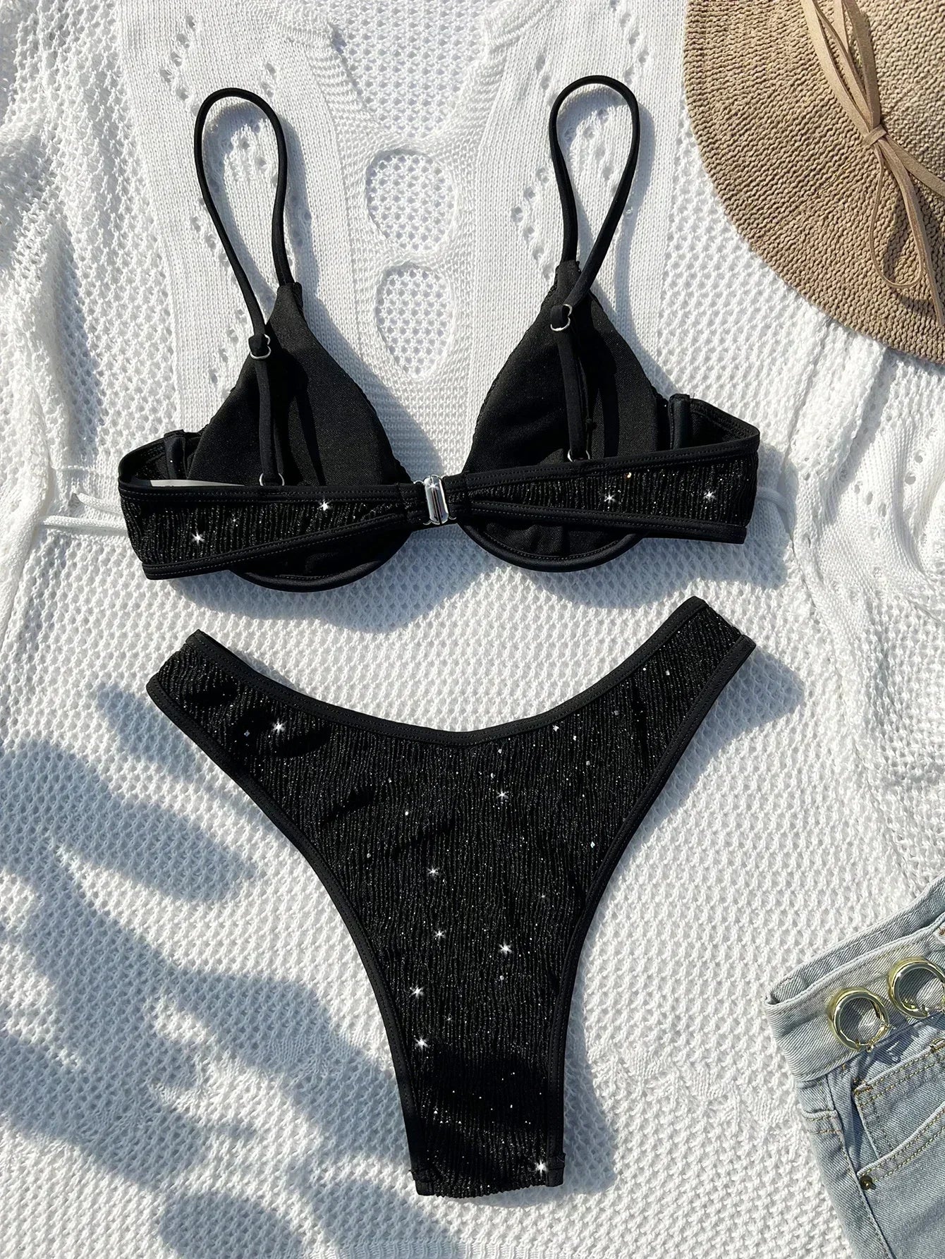 Swimsuit Black Shiny Bikini High Waist 2 Piece Swimwear Steel Support Female V-neck Beach Bathing Suit YX1378X