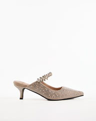 Terza Rhinestone Strap Pearl Embellished Mules In Beige
