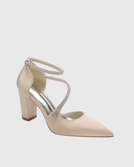 Tierney Rhinestone Satin Strap Pumps In Beige