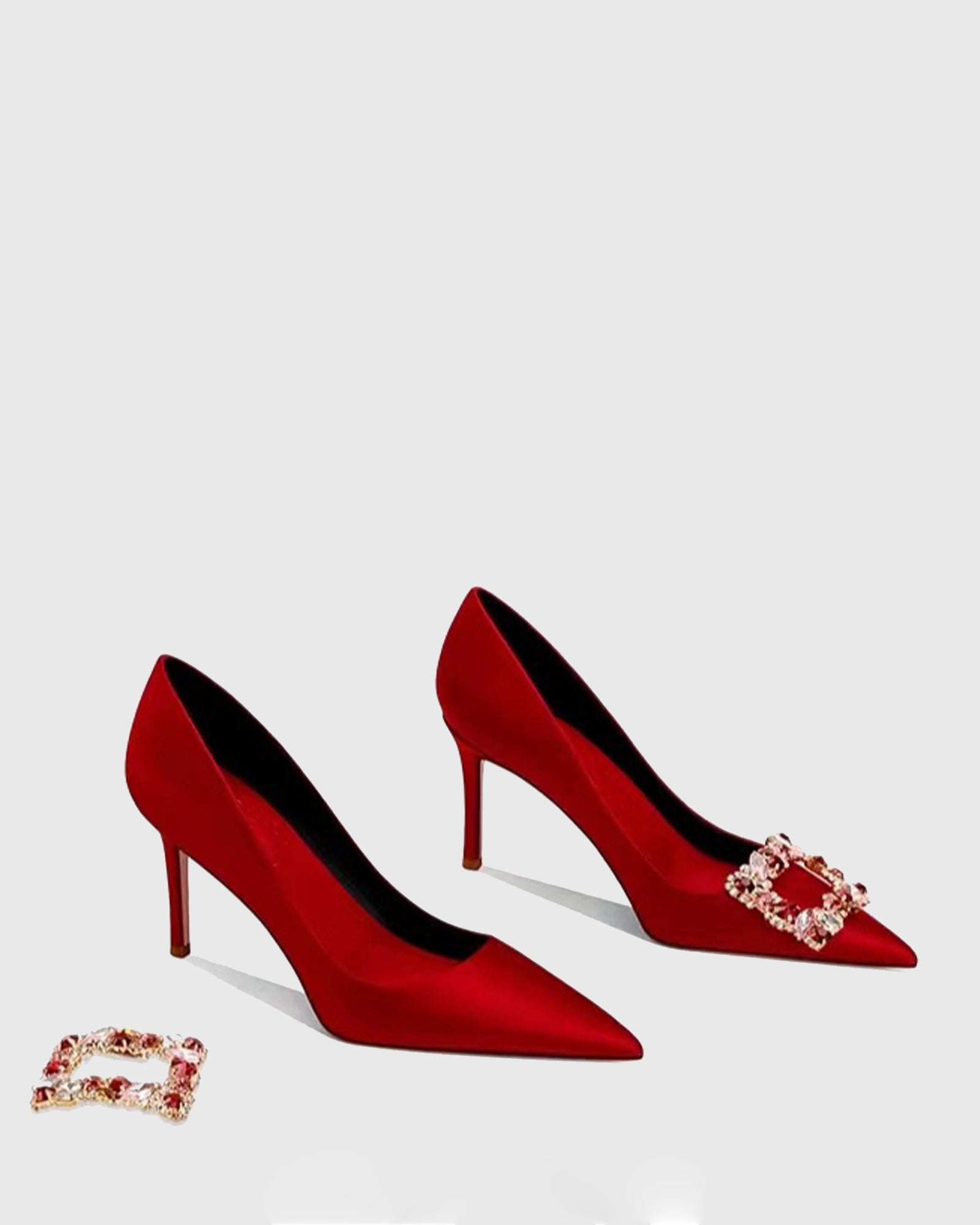 Vaike Rhinestone Buckle Satin Pumps In Red